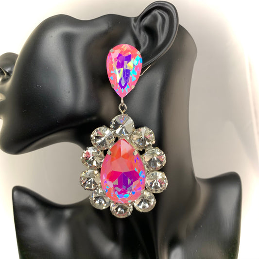Baby pink AB Earrings / drag queen / costume / pride earrings / drop earrings / clip on or pierced