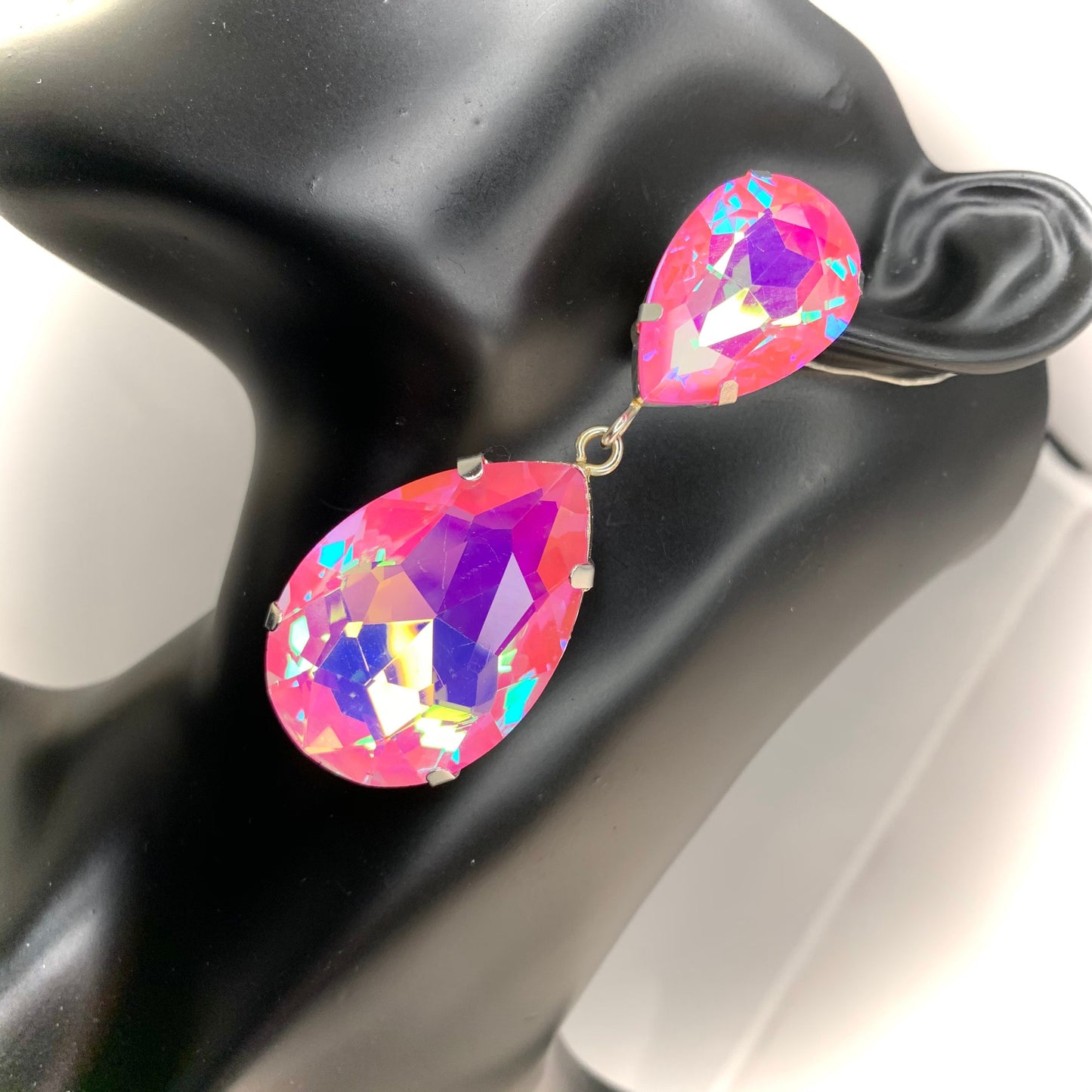 Baby pink AB Earrings / elegant drops / clip on or pierced / drag Queen