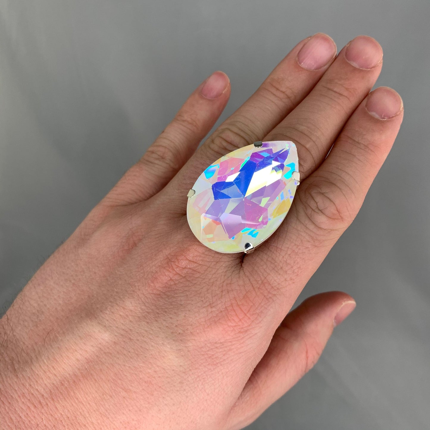 XL Pearlescent Multicolour Crystal Teardrop Ring / Cocktail Dress Ring / Adjustable back / Gift