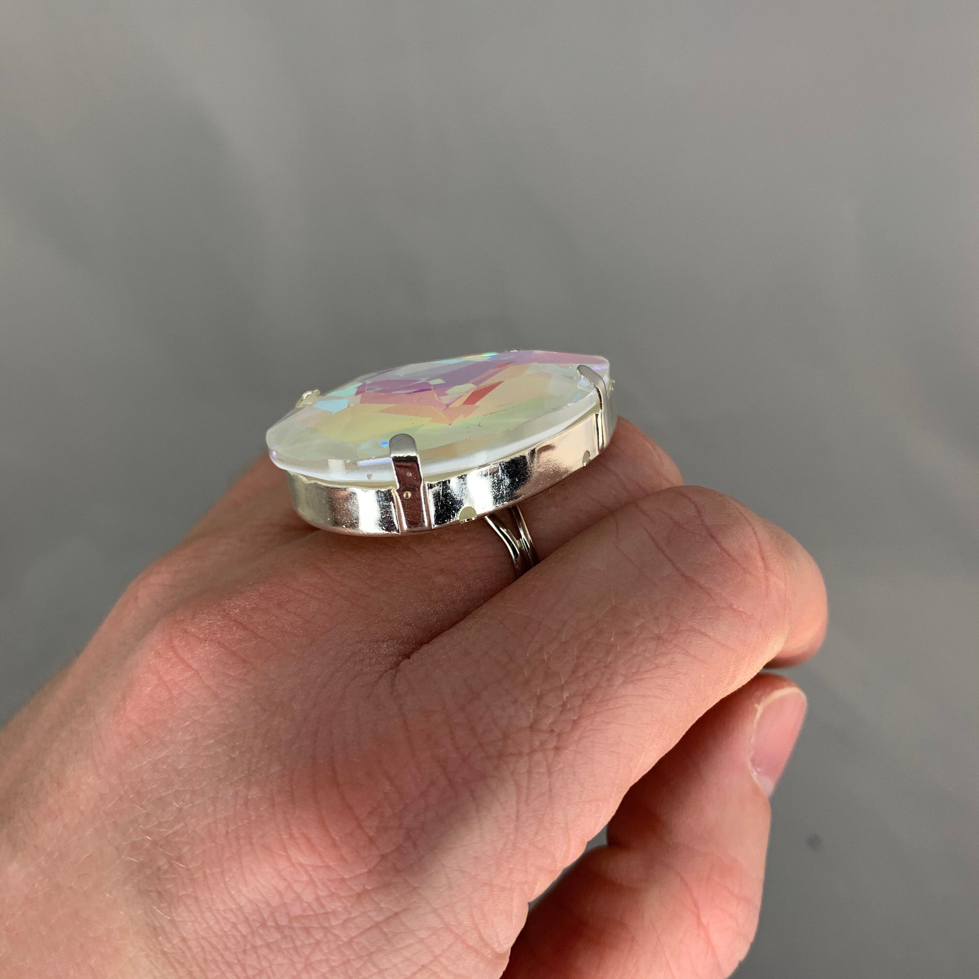 XL Pearlescent Multicolour Crystal Teardrop Ring / Cocktail Dress Ring / Adjustable back / Gift