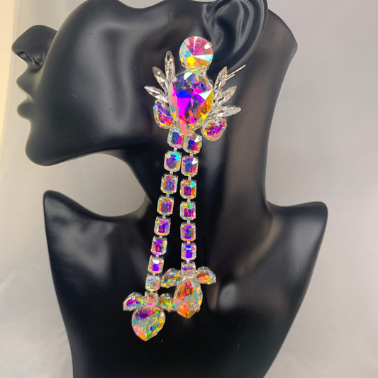Crystal Aurora Borealis Drop Earrings / Long Sparkling Clip on or Pierced / Gift / Drag Queen Jewelry / Costume Jewellery
