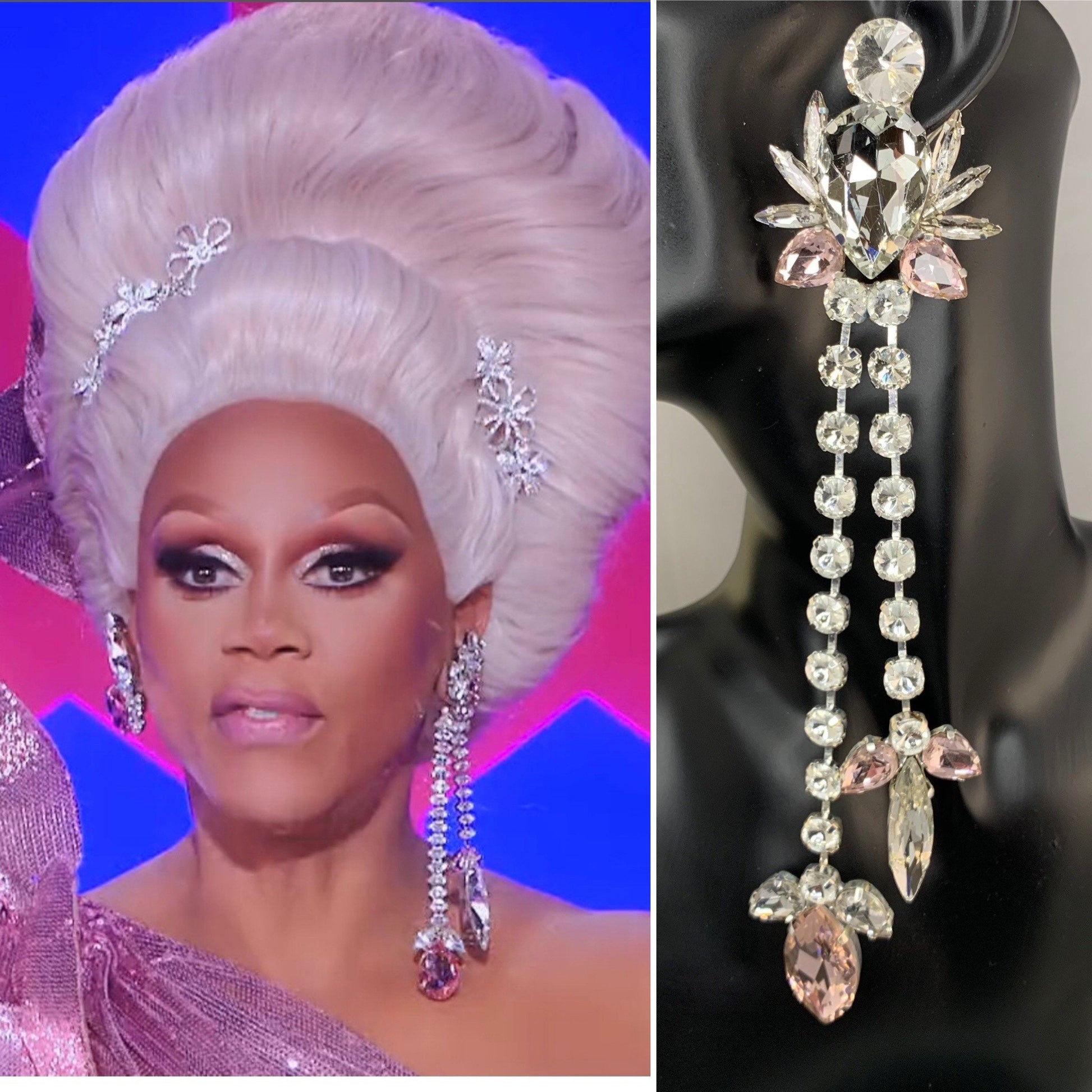 Rupaul style Crystal Earrings / Long Sparkling Clip on or Pierced / Gift / Drag Queen Jewelry / Costume Jewellery