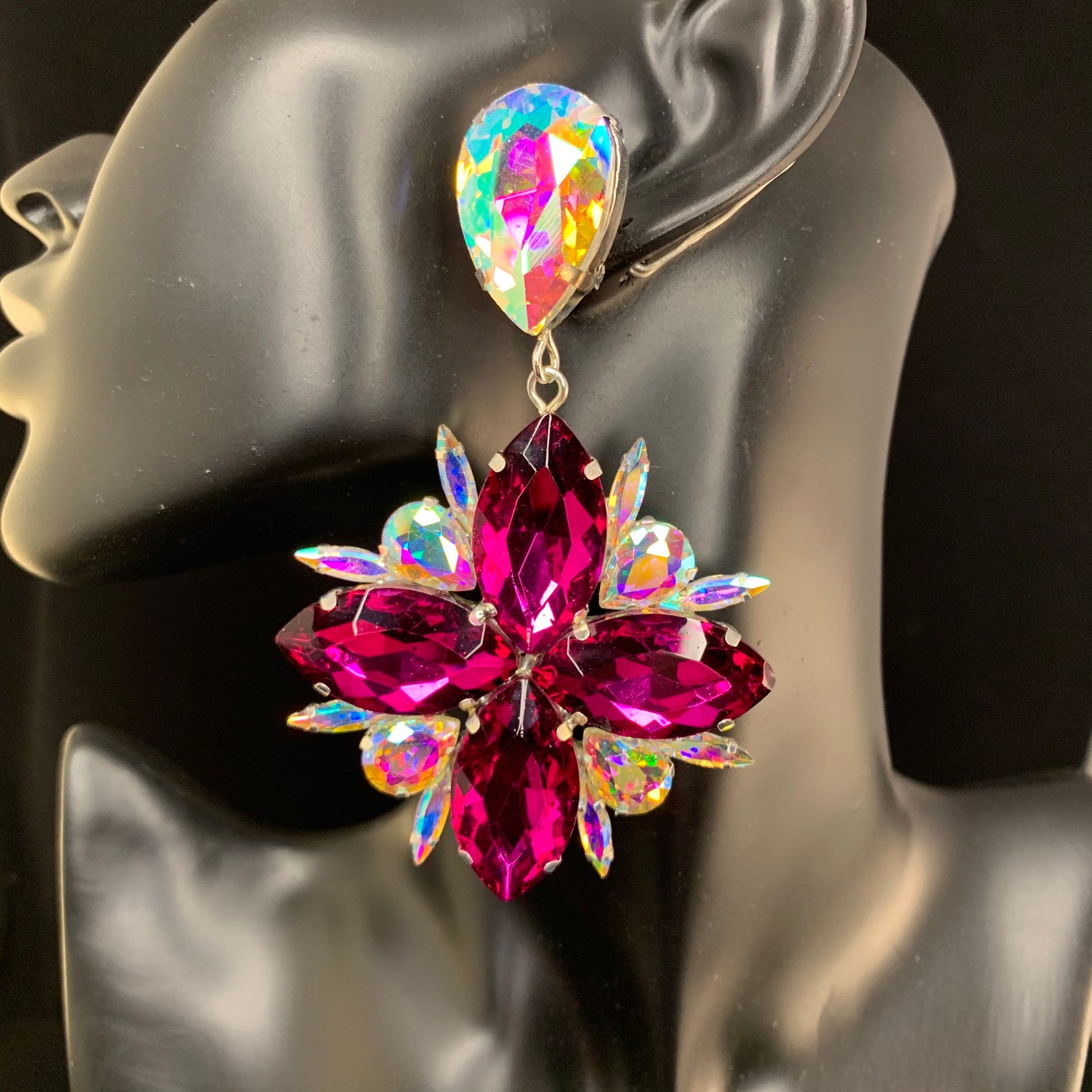 Crystal Earrings / Clip On or Pierced / Statement Earrings / Crystal Jewelry / Dress Earrings / Drag Queen
