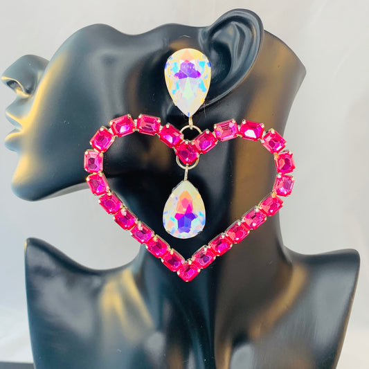 Crystal Earrings / Clip On or Pierced / Statement Earrings / Crystal Jewelry / Dress Earrings / Drag Queen Love Heart