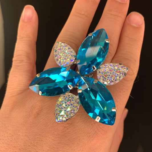 Light Blue and cosmic cluster Ring / Cocktail Dress Ring / Adjustable back / Gift / Drag Queen Ring /Costume Jewellery / Cabaret Jewels