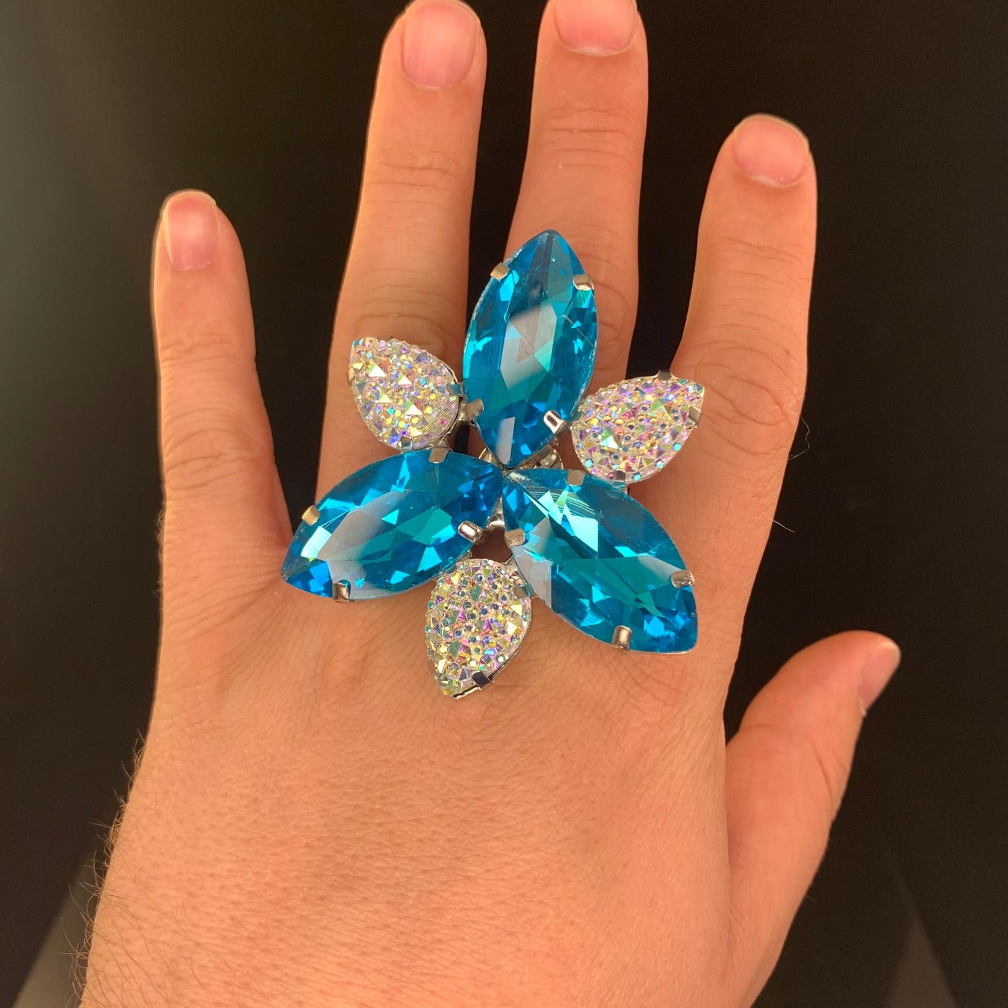 Light Blue and cosmic cluster Ring / Cocktail Dress Ring / Adjustable back / Gift / Drag Queen Ring /Costume Jewellery / Cabaret Jewels