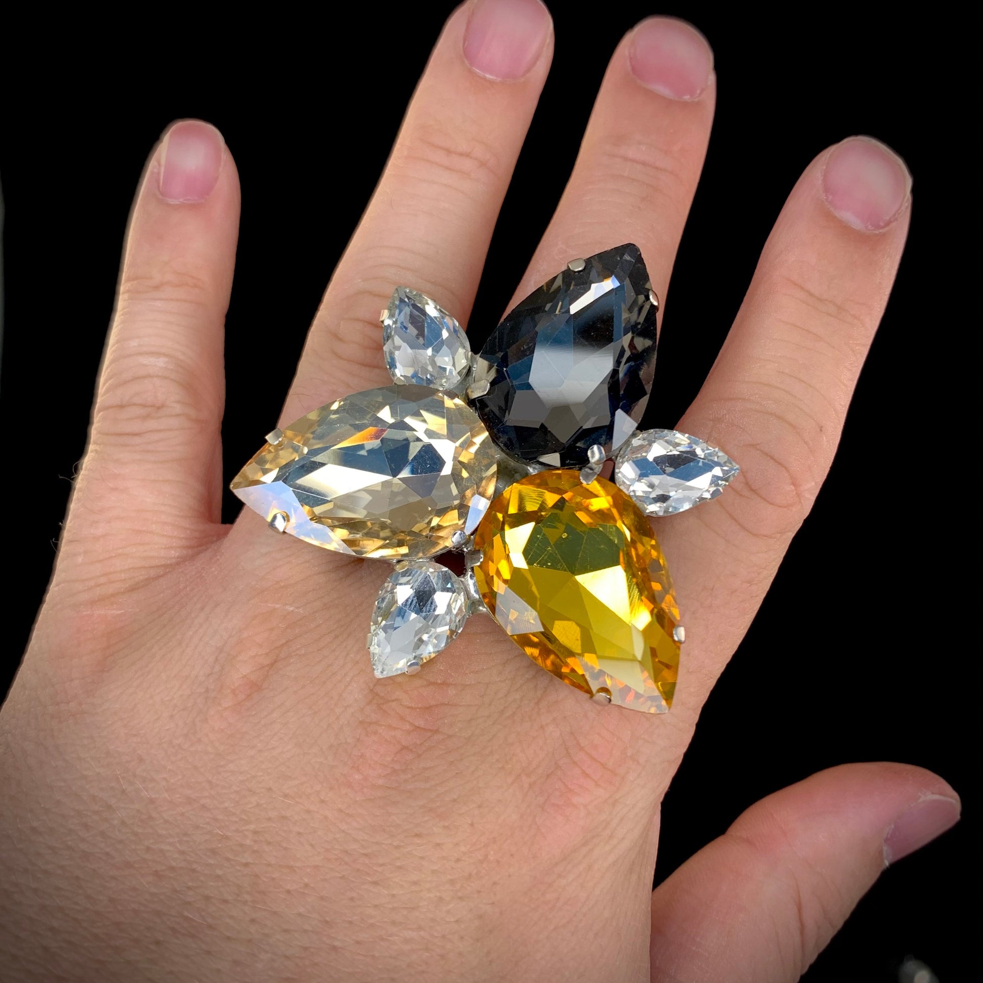 Amber, Champagne & Black Diamond Elegant Ring / Large Party Dress Ring / Adjustable back / Gift / Drag Queen Ring /Costume Jewellery
