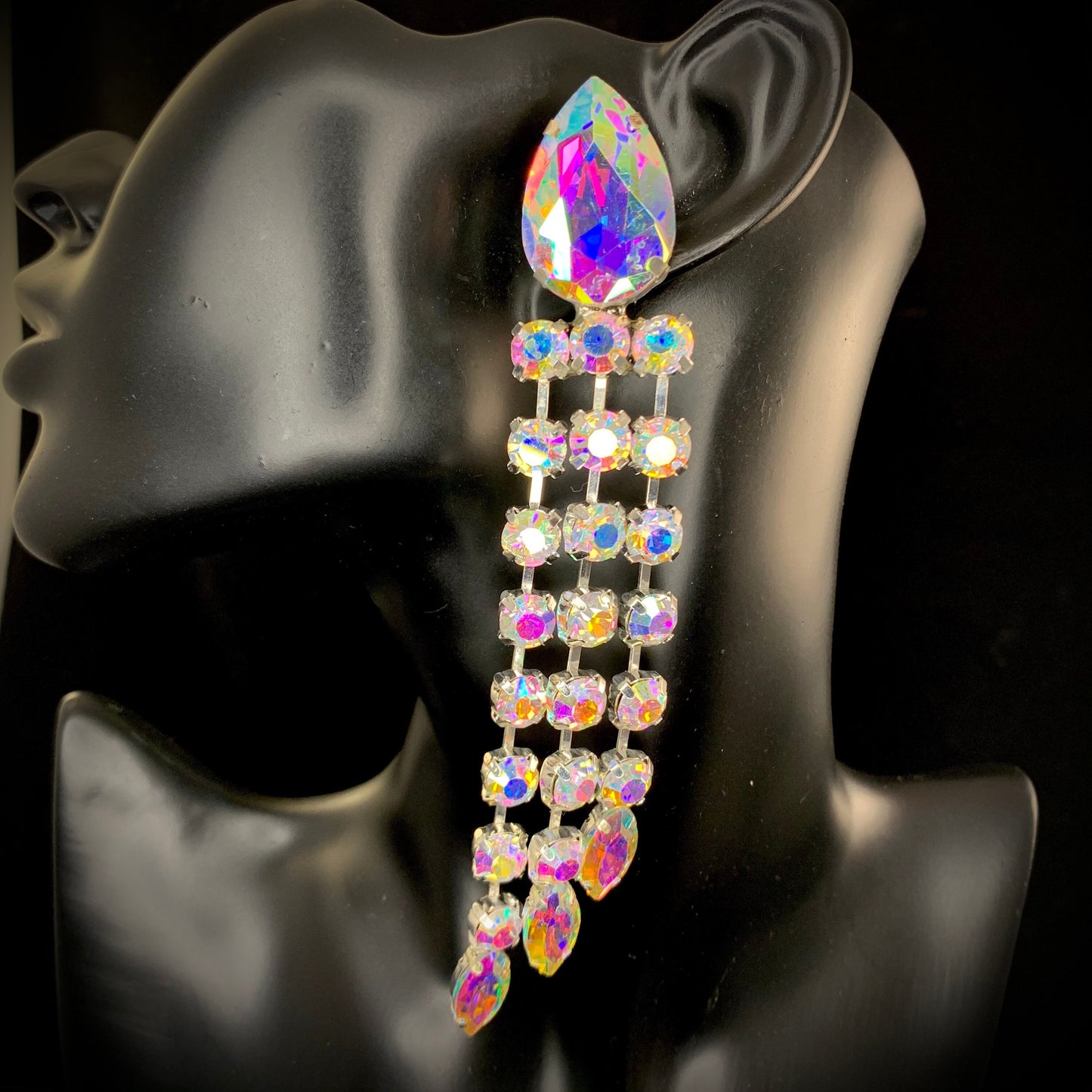 Crystal Drop Earrings / Long Sparkling Clip on or Pierced / Gift / Drag Queen Jewelry / Costume Jewellery