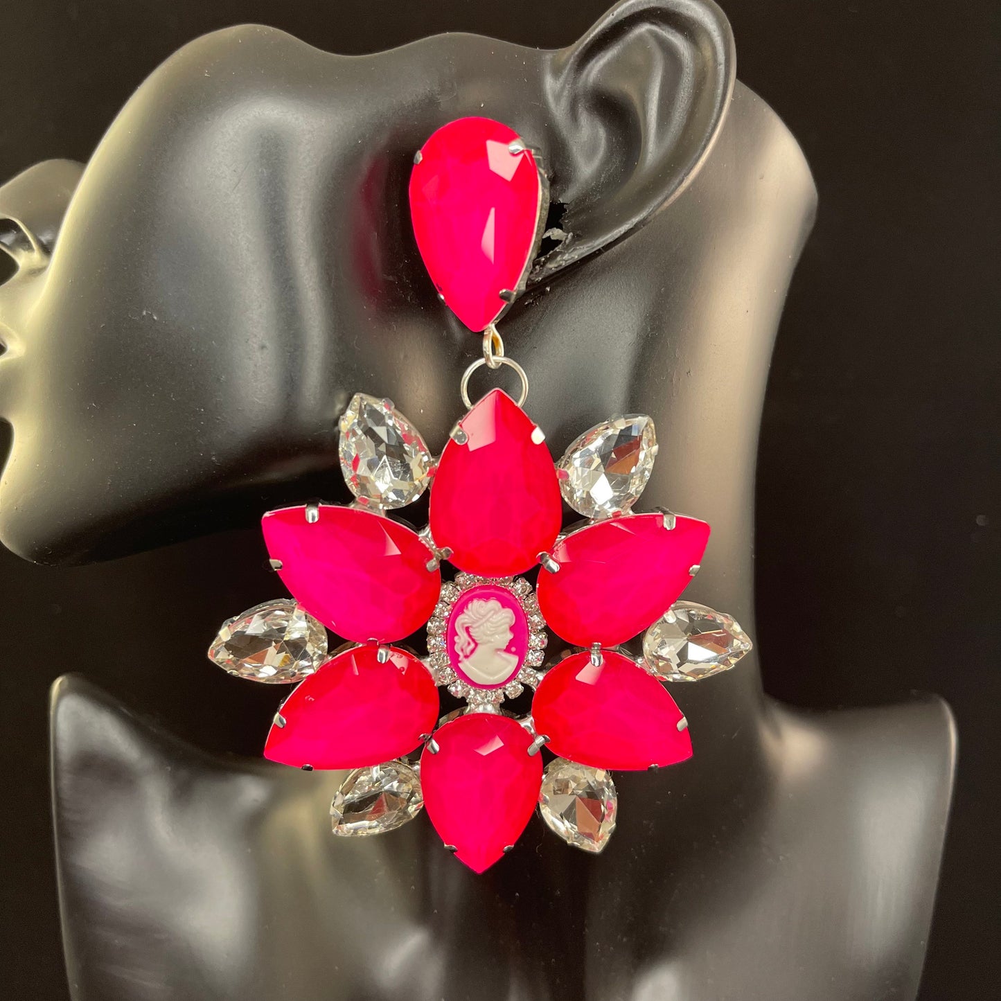 Neon Cameo Earrings / Clip On or Pierced / Statement Earrings / Crystal Jewelry / Dress Earrings / Drag Queen / phantom of the opera