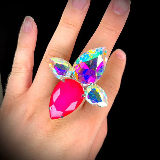 Neon and AB Ring  / Cocktail Dress Ring / Adjustable back / Gift / Drag Queen Ring /Costume Jewellery