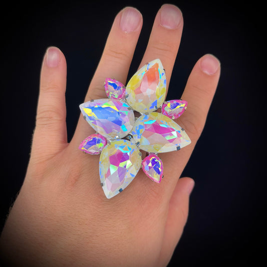 Pearlescent Multicolour Crystal Ring / Cocktail Dress Ring / Adjustable back / Gift