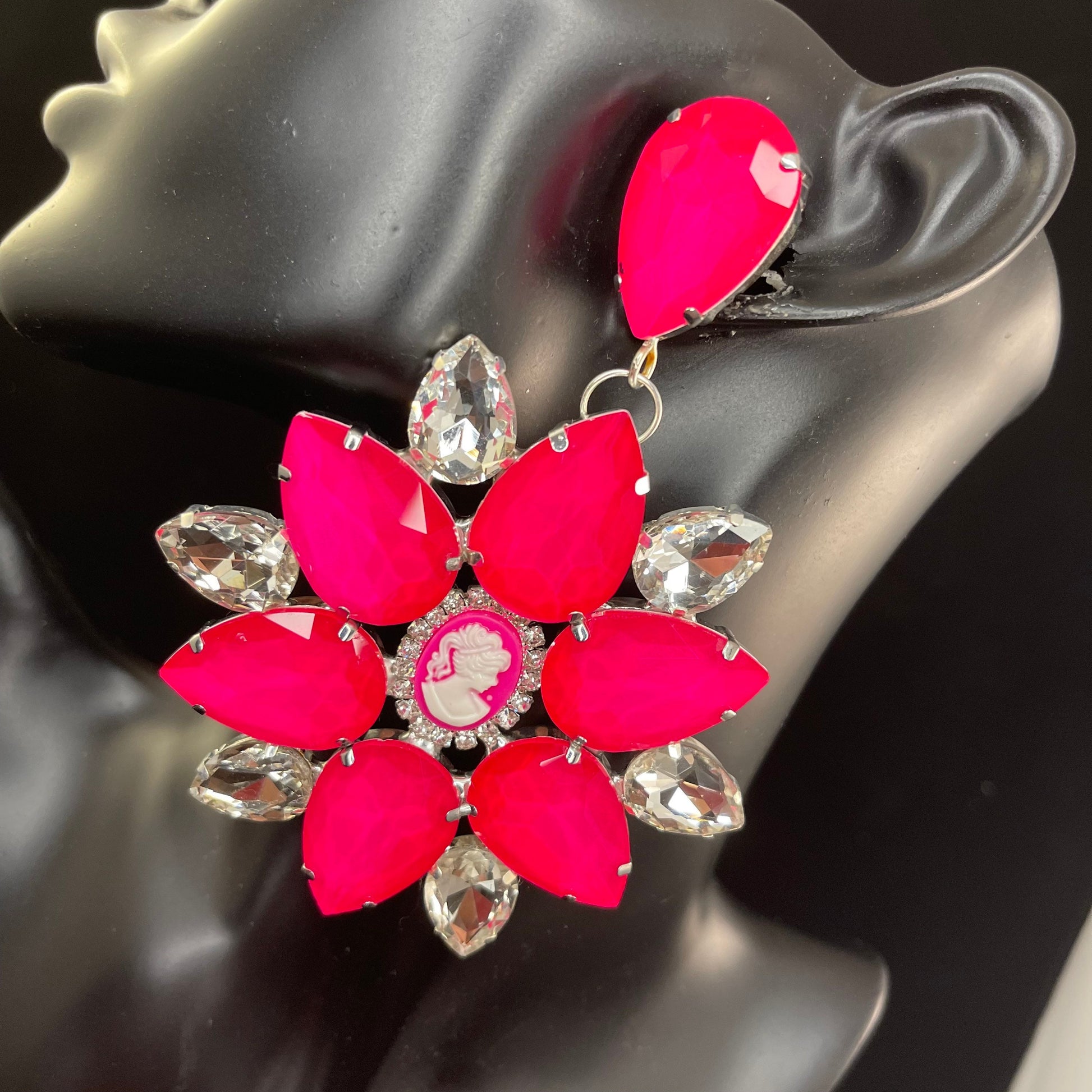 Neon Cameo Earrings / Clip On or Pierced / Statement Earrings / Crystal Jewelry / Dress Earrings / Drag Queen / phantom of the opera