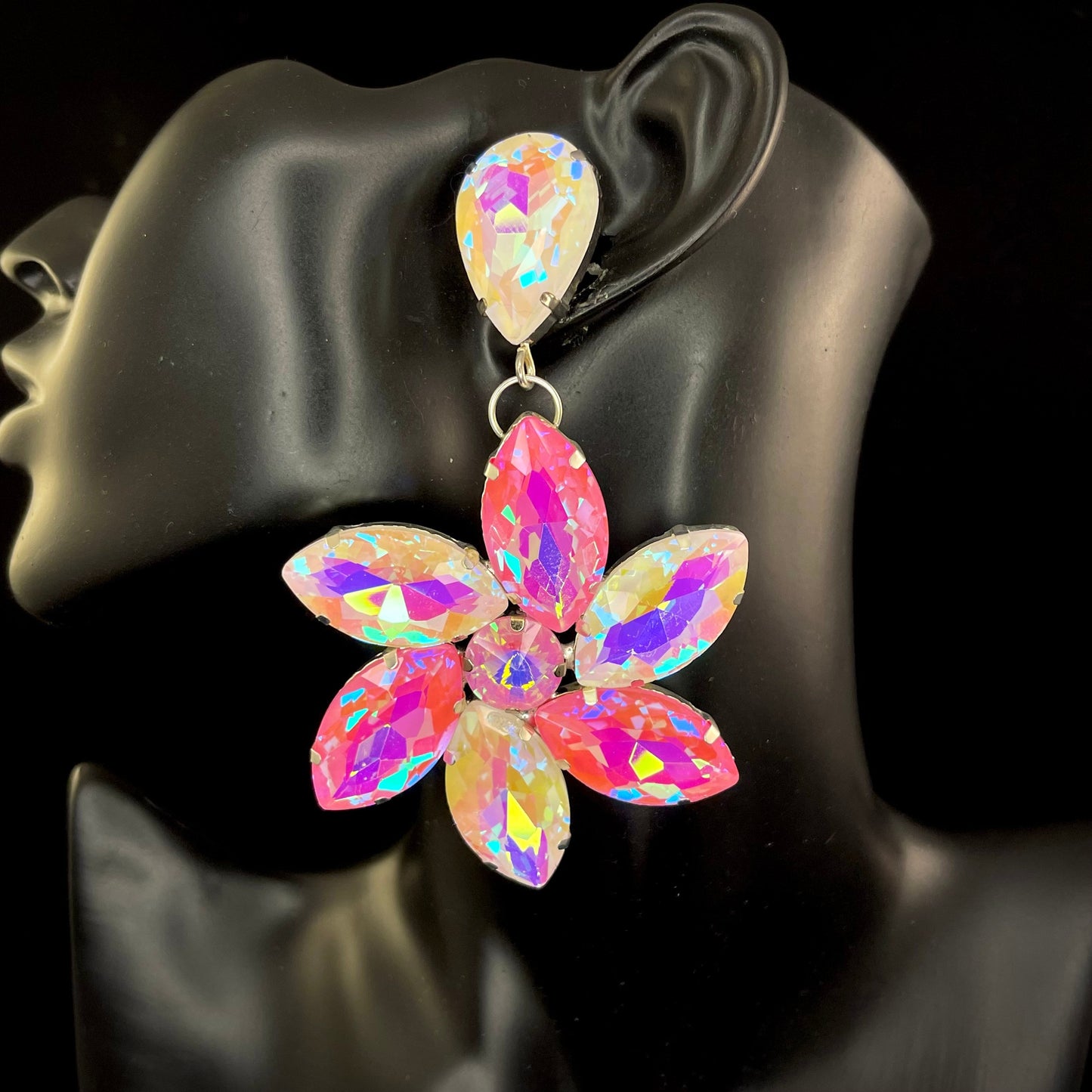Pink & Frost Earrings / Clip On or Pierced / Statement Earrings / Crystal Jewelry / Dress Earrings / Drag Queen / phantom of the opera