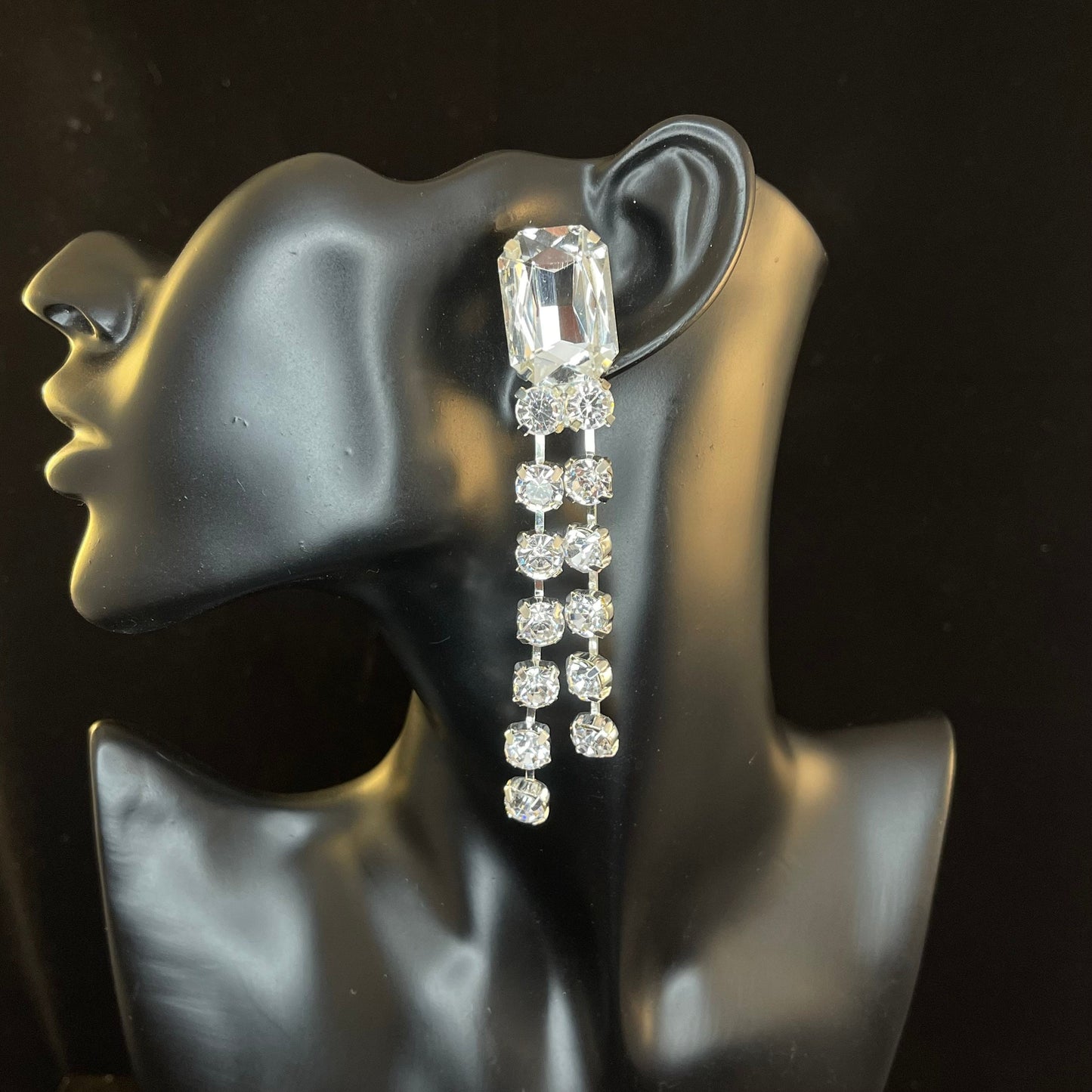 Crystal Drop Earrings / Long Sparkling Clip on or Pierced / Gift / Drag Queen Jewelry / Costume Jewellery