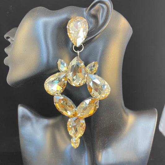 Large Champagne Earrings / Clip On or Pierced / Statement Earrings / Crystal Jewelry / Dress Earrings / Drag Queen / hoop earrings
