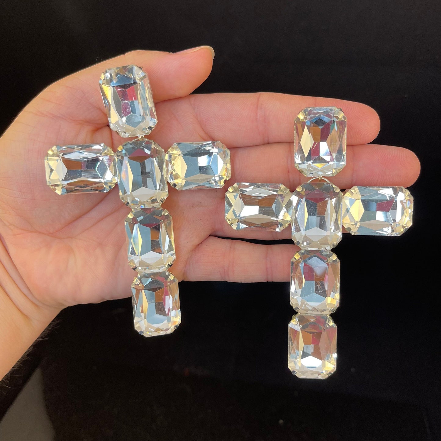 Crystal Cross Earrings / Long Sparkling Clip on or Pierced / Gift / Drag Queen Jewelry / Costume Jewellery