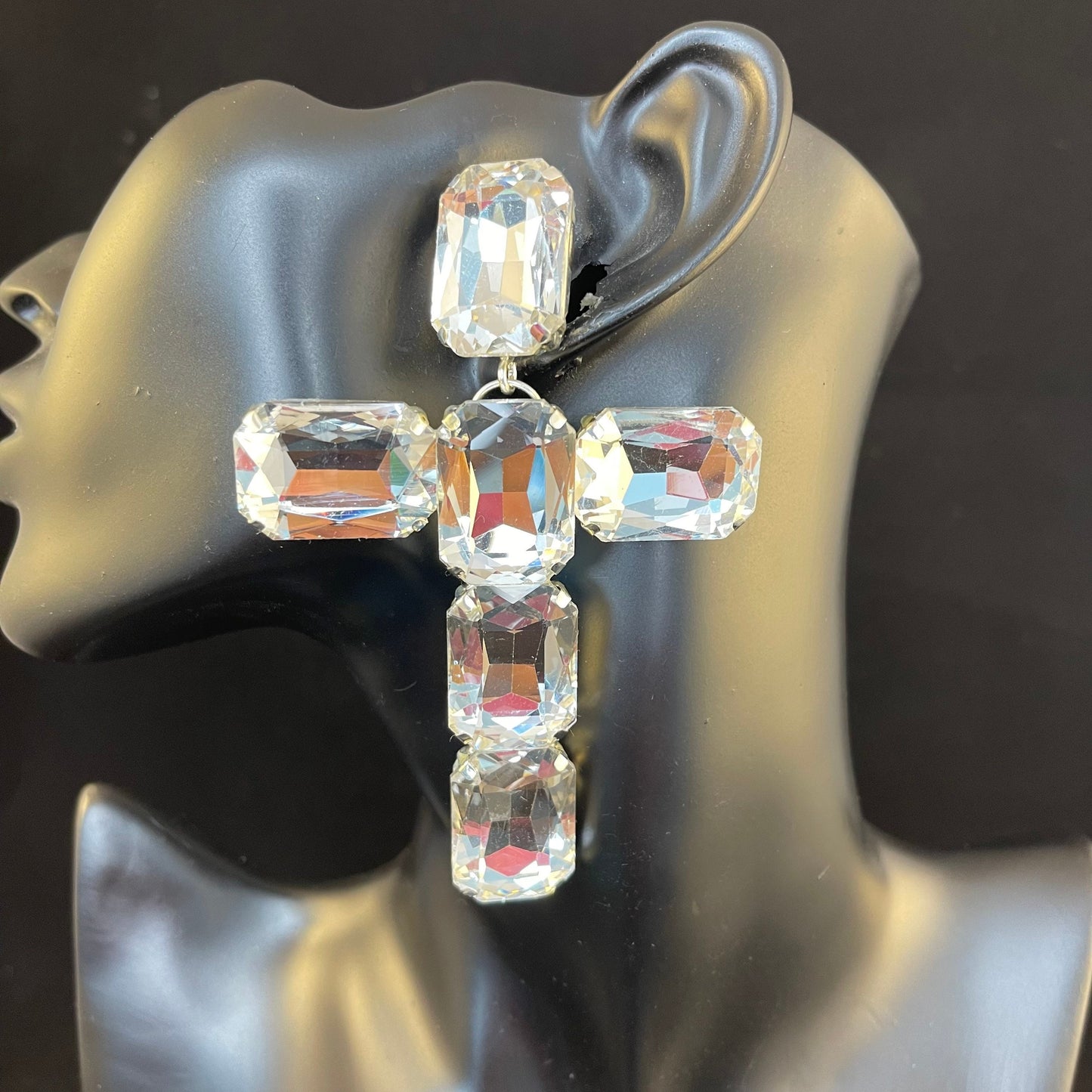 Crystal Cross Earrings / Long Sparkling Clip on or Pierced / Gift / Drag Queen Jewelry / Costume Jewellery